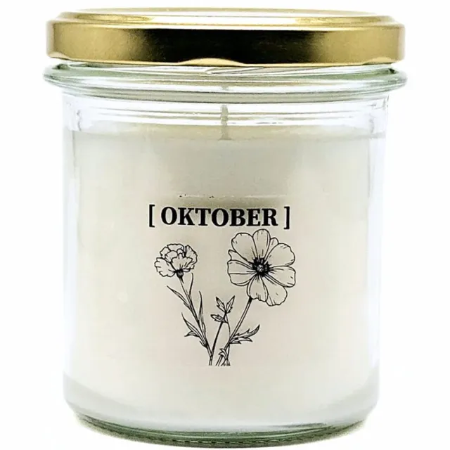 Candlelight-on geurkaars met geboortebloem en geboortedatum - 28 oktober - o.b.v. sojawas en etherische oliën Wit