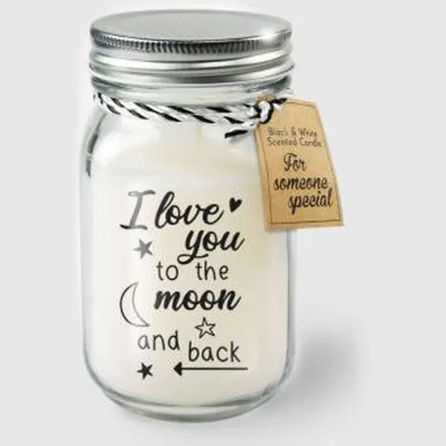 Kaars - I love you to the moon and back - Lichte vanille geur - In glazen pot - In cadeauverpakking met gekleurd lint zwart -wit