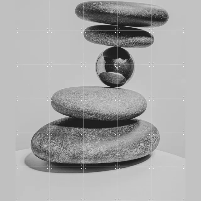 IXXI Balanced Stones with Blackpearl, Sander van Laar - 100 x 140 cm - Grote wanddecoratie en posters - Fotografie, Geometrische Kunst, Minimalisme Monochroom / Zwart en wit / Grijs