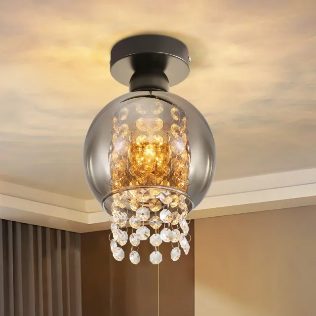 NETTLIFE Plafondlamp E27 - Kristal - Rookgrijs - 1-Lichts - met Glas Lampkap - Moderne Plafondverlichting - voor Eetkamer | Slaapkamer | Woonkamer - Max.40W-excl. lichtbron Zwart