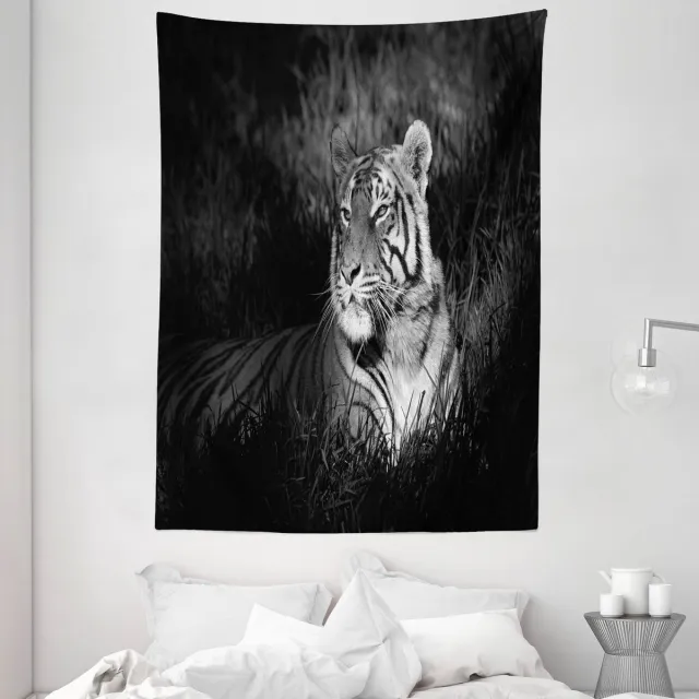 ABAKUHAUS Zwart-wit wandtapijt en sprei, Bengaalse tijger, 110 x 150 cm, zwart-wit