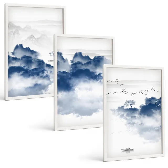 Coloray 3-Delige Schilderij Set - Wolkengebergte Met Bomen En Vogels Op De Achtergrond - 40 x 60 - Schilderijen Set - Wanddecoratie - Woonkamer - Interieur Decoratie Witte lijst