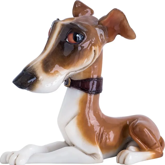 MadDeco ludiek beeldje Whippet pup - bruin wit - polystone - 11.5 cm hoog - onze kleine vriendjes zie foto