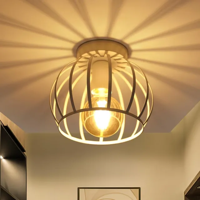 Haobosic Industriële plafondlamp E27 kroonluchter, vintage plafondlamp met metalen kooi en E27 fitting, retro plafondlamp voor hal, zolder, balkon, wit, lampen niet inbegrepen White