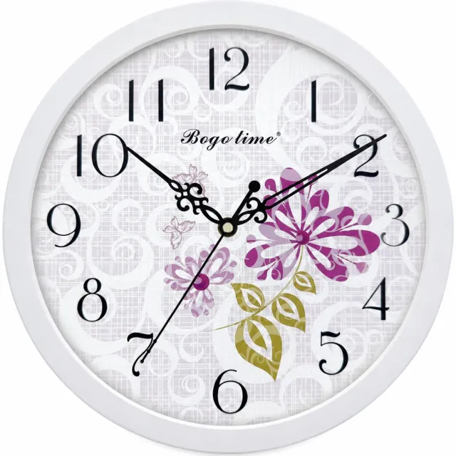SWGOTA Ronde wandklok met witte rand, 29,8 x 4,2 cm, stil sweep-uurwerk, paarse bloemen en zwarte cijfers