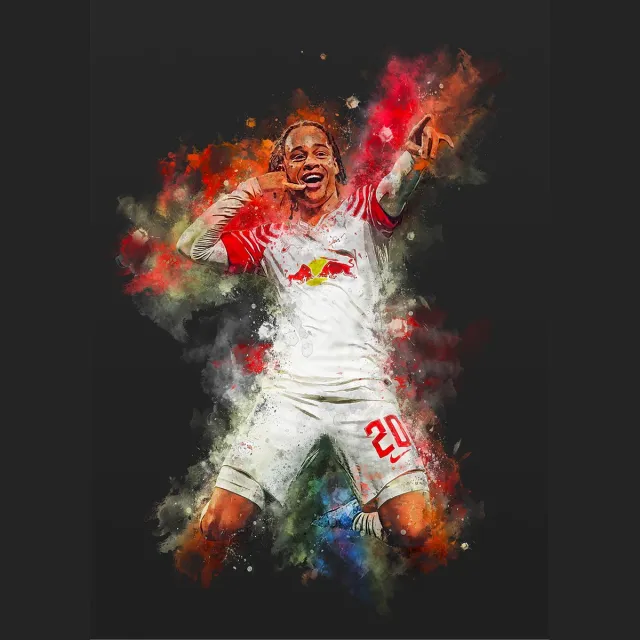 Wallofprints Xavi Simons poster op A0 semi- glossy papier - 84.1x118.9 cm - Sport poster - Voetbal poster - Unieke poster van Xavi Simons in Red Bull Leipzig tenue met donkergrijze achtergrondkleur