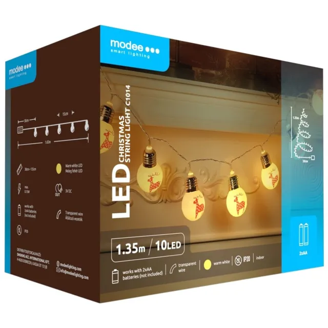 Modee Lichtsnoer Kerstballen met Rendieren 1.35 Meter - Kerstverlichting voor Binnen - Inclusief 3xAA Batterijen - 10 LED Lampjes IP20 - 2700K - Warm Wit Licht - 5 stuks