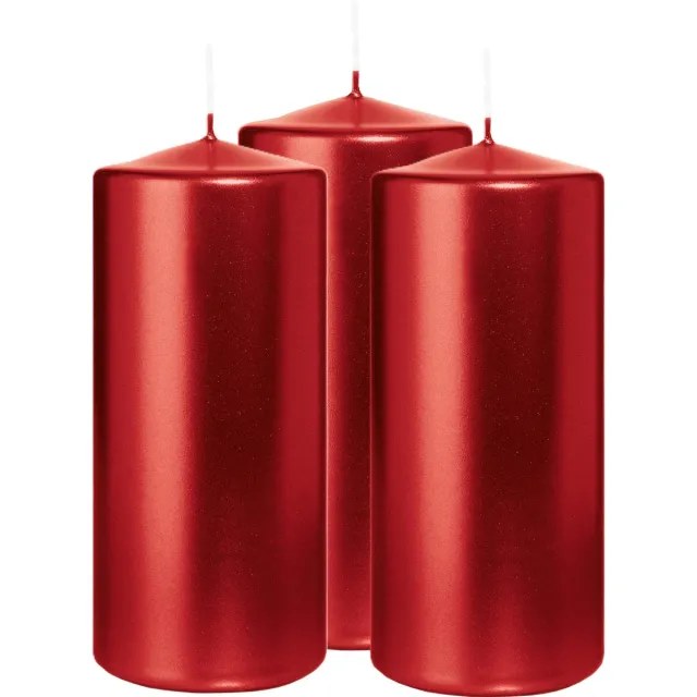 Wiedemann Cilinderkaars/stompkaars - 3x - metallic rood - 15 x 7 cm - 63 branduren - zuilkaarsen Donkerrood