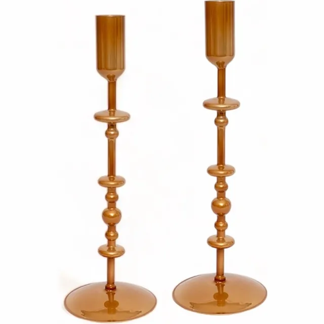 Winq ! -Kandelaar glas 10x10x25cm - 2Stuks - Glazen kandelaar Metallic Goud geschikt voor dinerkaars - woonkamer decoratie-cadeau
