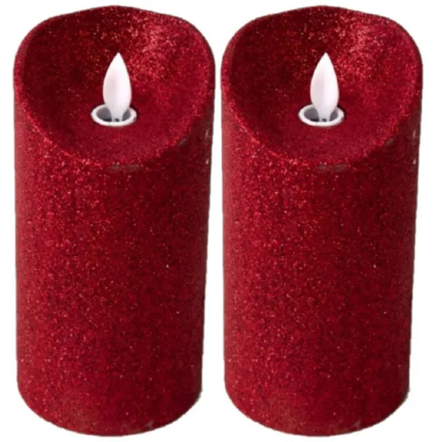 Gerimport LED kaars/stompkaars - 2x stuks - rood - H15 cm - glitters - kerst kaarsen