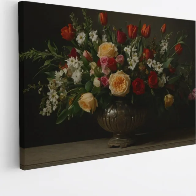 Saammp Canvas Schilderij - Bloemstuk met Rijke Kleuren in Donkere Setting - Natuur - Klassiek - 70x50 - Foto op canvas - Wanddecoratie - Muurdecoratie Woonkamer - Kantoor Decoratie Multicolor