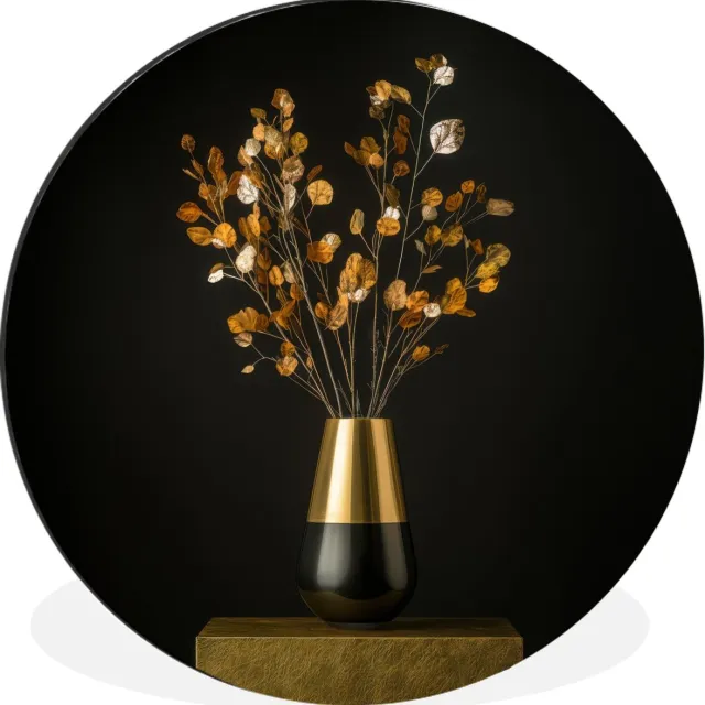 WallCircle Wandcirkel - Muurcirkel - Goudbruine - Bladeren - Vaas - Herfstachtig - Aluminium - Dibond - 30x30 cm - Binnen en Buiten Boeket - Bloemen 2
