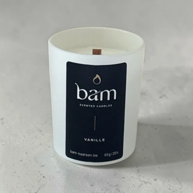 Bam Mini Vanille Geurkaars – Vanilla Kaars met Houten Wiek – Vegan Geurkaars van Zonnebloemwas – 25 Branduren – Handgemaakt in België wit