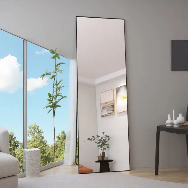 SHOPENTRA Staande Spiegel 165x60 cm – Zwarte Aluminium Rand, Rechthoekige Make-up & Slaapkamer Spiegel van Gehard Glas