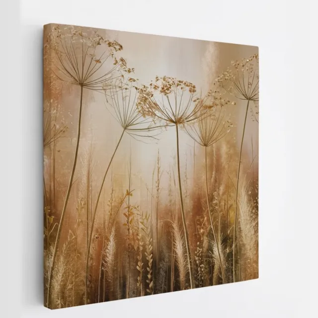 Saammp Canvas Schilderij - Abstracte Planten - Naturel en Goudtinten - 60x60 - Foto op canvas - Wanddecoratie - Muurdecoratie Woonkamer - Kantoor Decoratie Multicolor