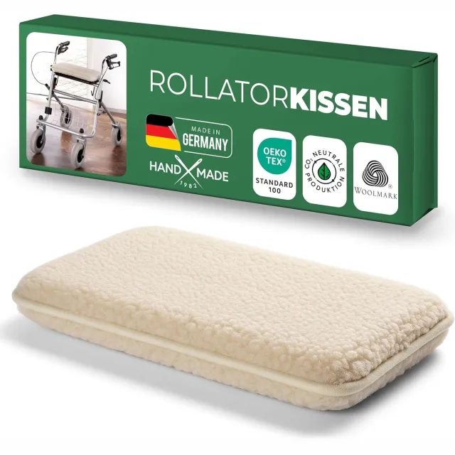 Novaliv rollator zitkussen, natuurlijke scheerwol, 3 cm dikke vulling, 40 x 20 cm, antislip 2-bands bevestiging, lichtgewicht, vormvast, geschikt voor senioren/dagelijks gebruik, handgemaakt in Duitsland antraciet/zwart