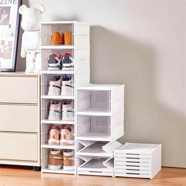 Famanu Schoenenkast Stapelbaar Kunststof Schoenenopbergers Transparante Deuren Ventilatiegaten Opvouwbaar en Schoenenrek Wit 6 Lagen
