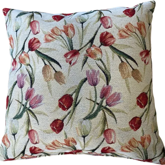 Inter Fibpres Kussenhoes - luxe gobelinstof - Tulpen - Tulipanes - Rood - Geel - Oranje - 45 x 45 cm beige
