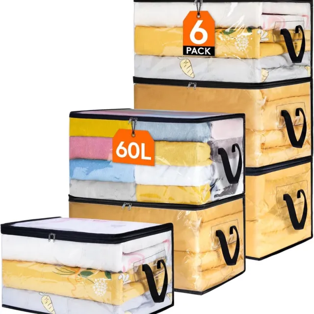 MeubelsvanJoep 6 stuks opbergdozen 55 x 35 x 31.5 CM, 60 Liter, opbergdoos met deksel, versterkte handgreep, kleding, opbergtas, kledingdoos, verhuisdozen voor kleding, jurken, beddengoed, transparant