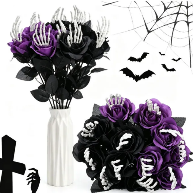 PZCC Halloween rozen kunstbloemen - Kunstrozen met skelet han - Boeketten die geschikt zijn als decoratie voor op het bureau - Halloween decoraties - zwart/paarse - 12 stuks