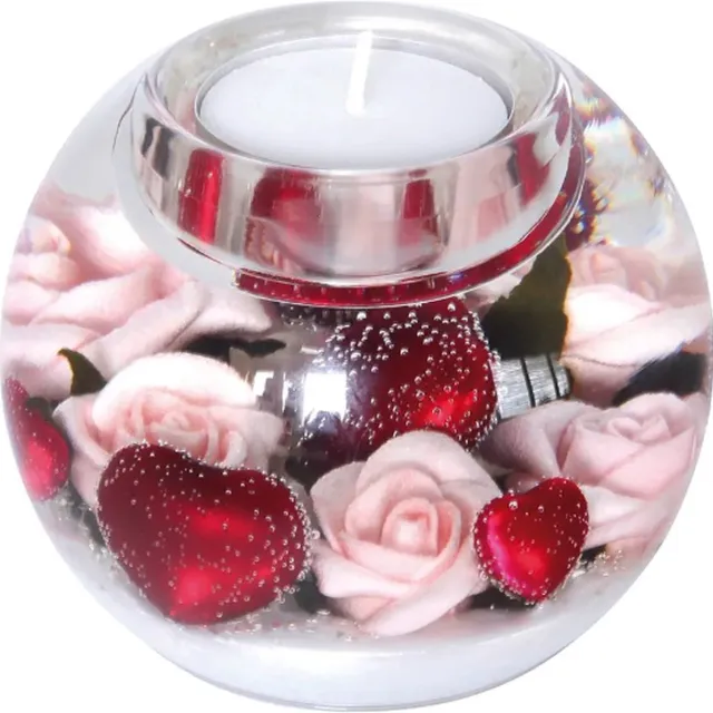 Dreamlight Design - Traumlicht Waxinelichthouder Valentina rozen met hart - Theelichthouder - glas - Bolvormig - 8 cm diameter - 6 cm - Valentijnhoog rood