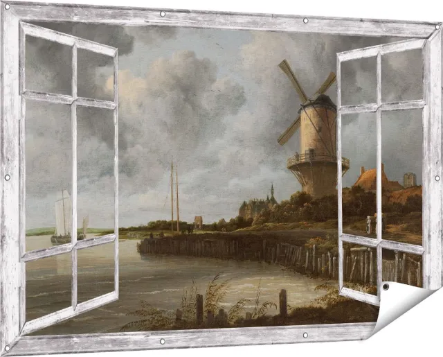 Gards Tuinposter Doorkijk De Molen bij Wijk bij Duurstede - Jacob van Ruisdael - 150x100 cm - Tuindoek - Tuindecoratie - Wanddecoratie buiten - Tuinschilderij Grijs