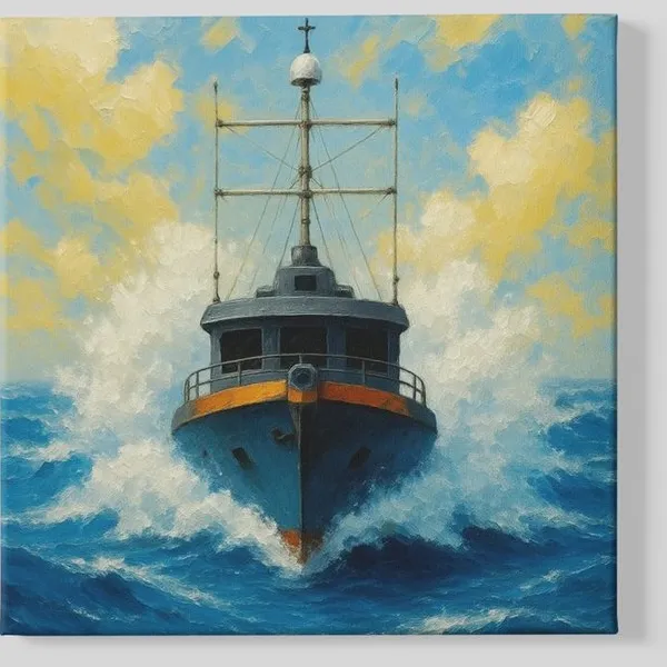 Trendex Global Vierkant Canvas Schilderij - Stoere Zeeschip - Kunst Print Op Canvas - 100x100 cm Blauw