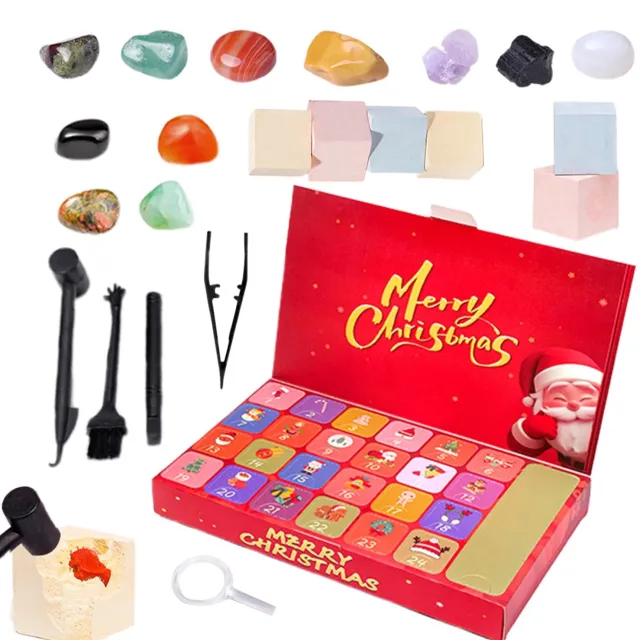 Flintry Kristallen & Edelstenen Adventskalender - 24 Dagen Echte Mineralen Opgraven - STEM Educatief Speelgoed met Graafgereedschap, Vergrootglas & Kwastje - Kerst Cadeau Rood