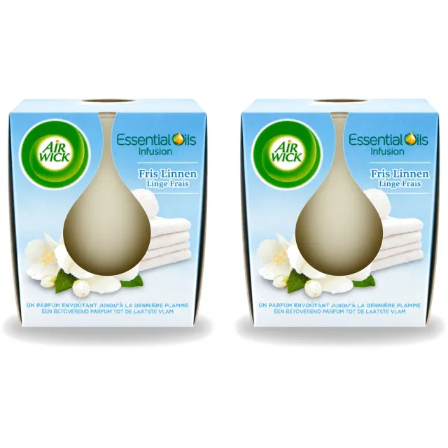 Air Wick 2 x Air Wick – Geurkaars – Fris Linnen met Essentiële Oliën – 105 g - Voordeelverpakking - 2 stuks Wit