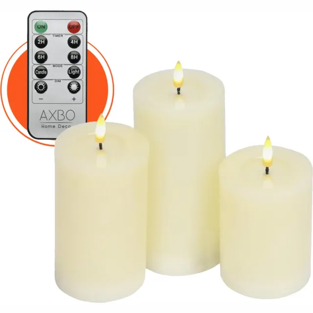 AXBO Led kaarsen set van 3 - Echte Wax - 3D vlam - Afstandsbediening - Vlamloze veilige kaars - batterij - Brandveilig - Flameless candle - Kindveilig - Realistische vlam - Decoratie - Kerst - Tijdstimer - Realistisch Ivoor