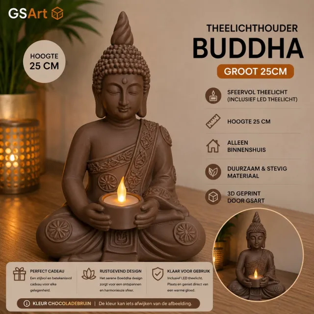 GSArt Theelichthouder Buddha Groot 25 cm – Boeddha Beeld met LED Theelichtje - Chocoladebruin