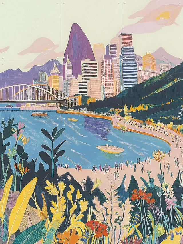 IXXI City Beach, Artclaud - 60 x 80 cm - Grote wanddecoratie en posters - Illustraties, Kleurrijk, Woonkamer, Zeelandschappen & Kust, Skyline Blauw