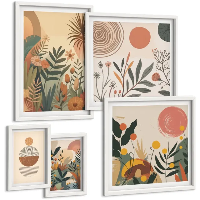 Coloray 5-Delige Schilderij Set - Boho-Stijl Bloemenmotieven Met Abstracte Details - 50 x 50 cm, 20 x 30 cm En 40 x 60 cm - Muurdecoratie - Interieur Decoratie - Stijlvolle Muurdecoratie Witte lijst