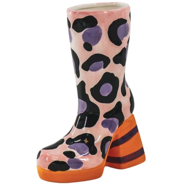 Housevitamin Bloemenvaas Laars met Luipaardprint – Keramische Design Vaas – Roze / Oranje – 24 cm Oranje/ Lila