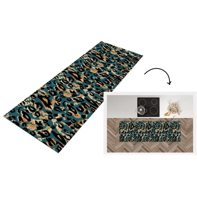 KitchenYeah Keukenloper - Loper keuken - Dierenprint - Panter - Bruin - Turquoise - Keukenloper vinyl