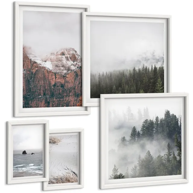 Coloray 5-Delige Schilderij Set - Natuurlijke Landschappen, Bergen, Bossen En Kusten, In De Wolken. - 50 x 50 cm, 20 x 30 cm En 40 x 60 cm - Wanddecoratie - Muurdecoratie - Woonkamer Witte lijst