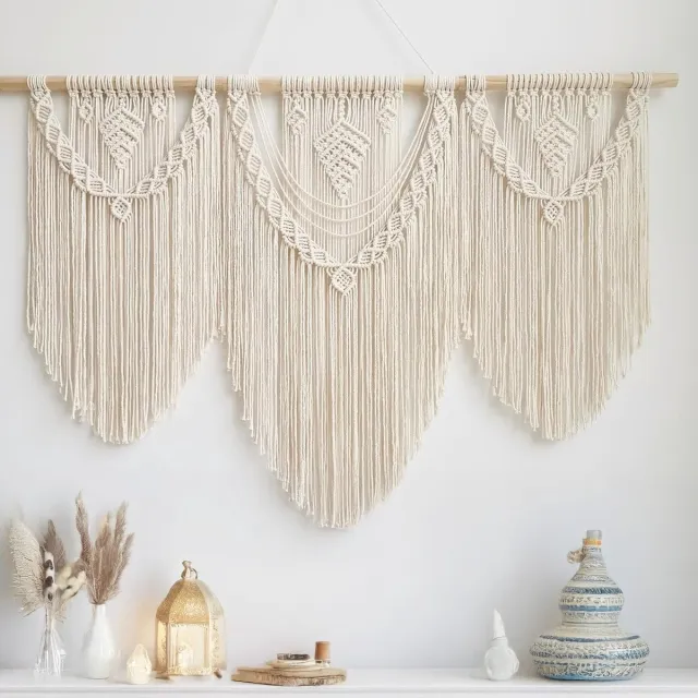 Ibenzoa Handgeknoopt Boho Wandtapijt van Katoen voor Slaapkamer en Balkon Decoratie beige