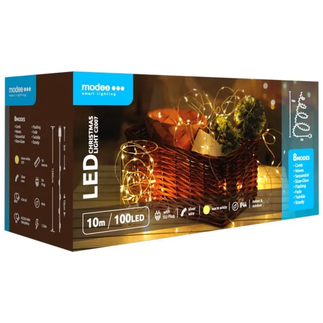 Modee Lichtsnoer Kerst 10 Meter - Kerstverlichting voor Buiten en Binnen - 100 LED Lampjes 8 Lichtstanden - IP44 - 2550K - Warm Wit Licht - Per stuk