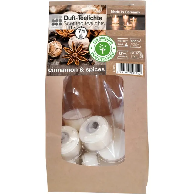 Enlightening Candles Geur theelichtjes - 18x st - kaneel - wit - 4 cm - 7 branduren - geurkaarsen - kaneelgeur - Waxinelichtjes - Eco/milieubewust