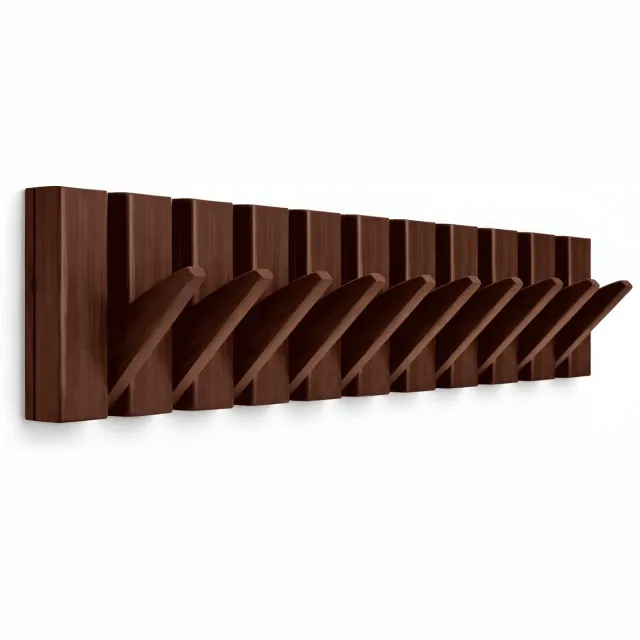 TOJ 10 Haaks Wandkapstok – 70cm - Muur / Wand Kapstok - Hangende Design Muurkapstok - Hout - Walnoot Kleurig