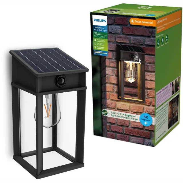 Philips Geri Wandlamp - UltraEfficient LED - Solar buitenlamp - Warmwit licht 2700K - Zwart - Rechthoekig ontwerp - Bewegingssensor - Zonne-energie - Schemersensor