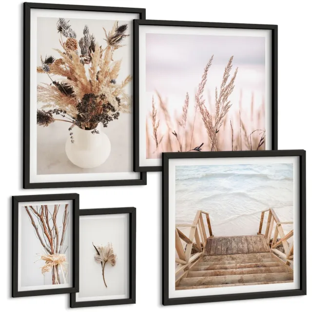 Coloray 5-Delige Schilderij Set - Stijlvolle Decoraties Met Gedroogde Planten En Waterpartijen - 50 x 50 cm, 20 x 30 cm En 40 x 60 cm - Decoratieve Muurdecoratie - Slaapkamer - Moderne Wanddecoratie Zwarte lijst