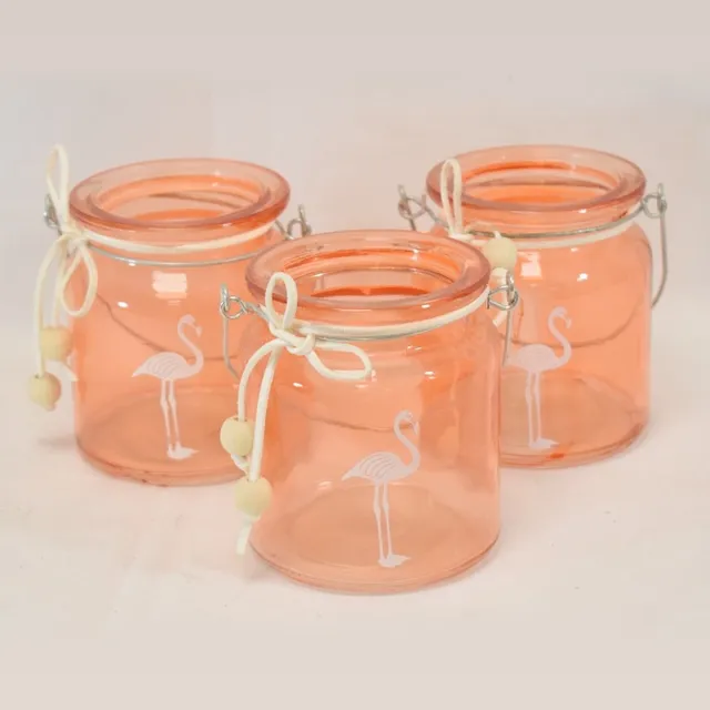 ZoeZo Design 3 stuks - waxinelichtjeshouder - Flamingo - Summer H 9 x Ø 8 cm - Oranje - glas