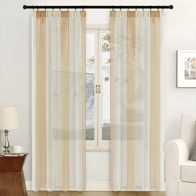 Ibenzoa Gordijnen met Plooiband voor Slaapkamer en Woonkamer - Halftransparant Beige en Wit met Strepen - Set van 2 Stuks 225x140cm Beige wit