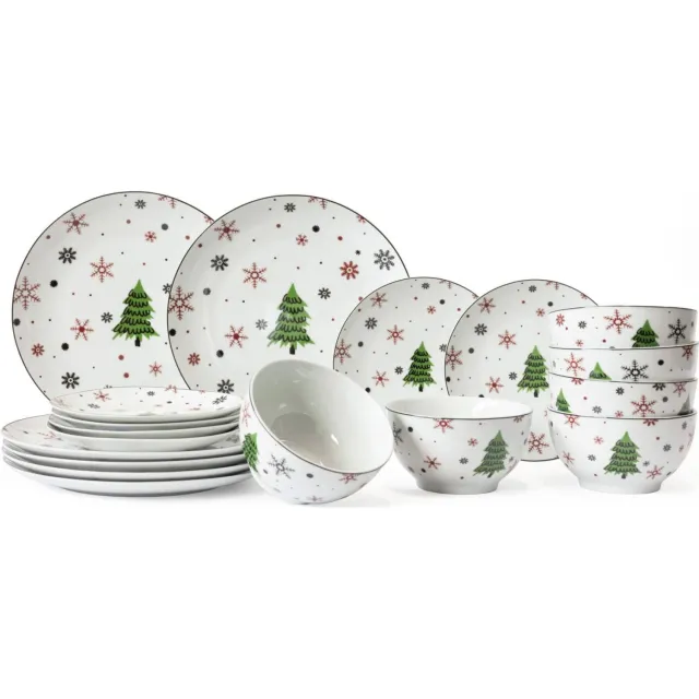 Cookinglife Serviesset - Kerstservies - Porselein - Rood 18-delig / 6 personen - 6 dinerborden, 6 ontbijtborden & 6 kommen