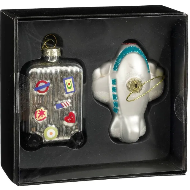 Mica Decorations ornamenten box koffer & vliegtuig (set van 2) Zilver