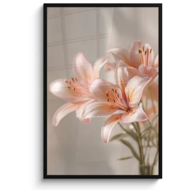 FrameYourWall Poster in lijst - Fotolijst 80x120 cm - Posters - Lelies - Meeldraden - Roze - Wazig - Posterlijst zwart - Decoratie - Wanddecoratie woonkamer - Muurdecoratie slaapkamer