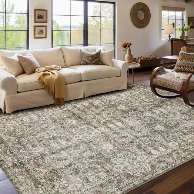 Triumpunpre Vloerkleed 120 x 170 cm, kameel, Perzische print, wasbaar, antislip, zacht polyester