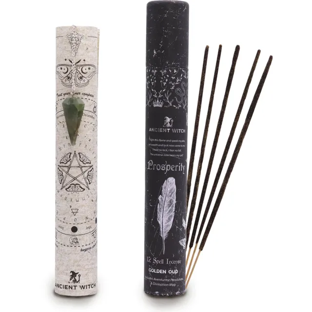 Ancient Wisdom Ancient Witch wierook - welvaart - prosperity - aventurijn pendel - heksen wierook - spell incense - koker 12 stokjes