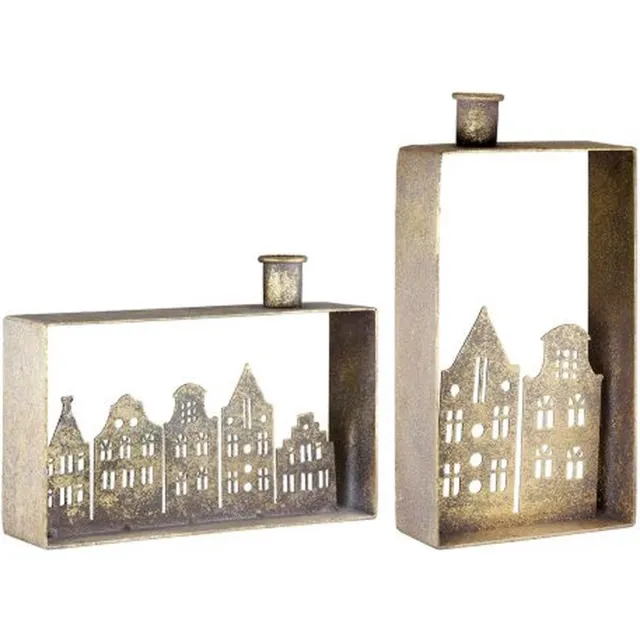 Gilde handwerk Kandelaar, rechthoekig, "huizenrij", huismotief, metaal, goudkleurig, set van 2 goud/brons
